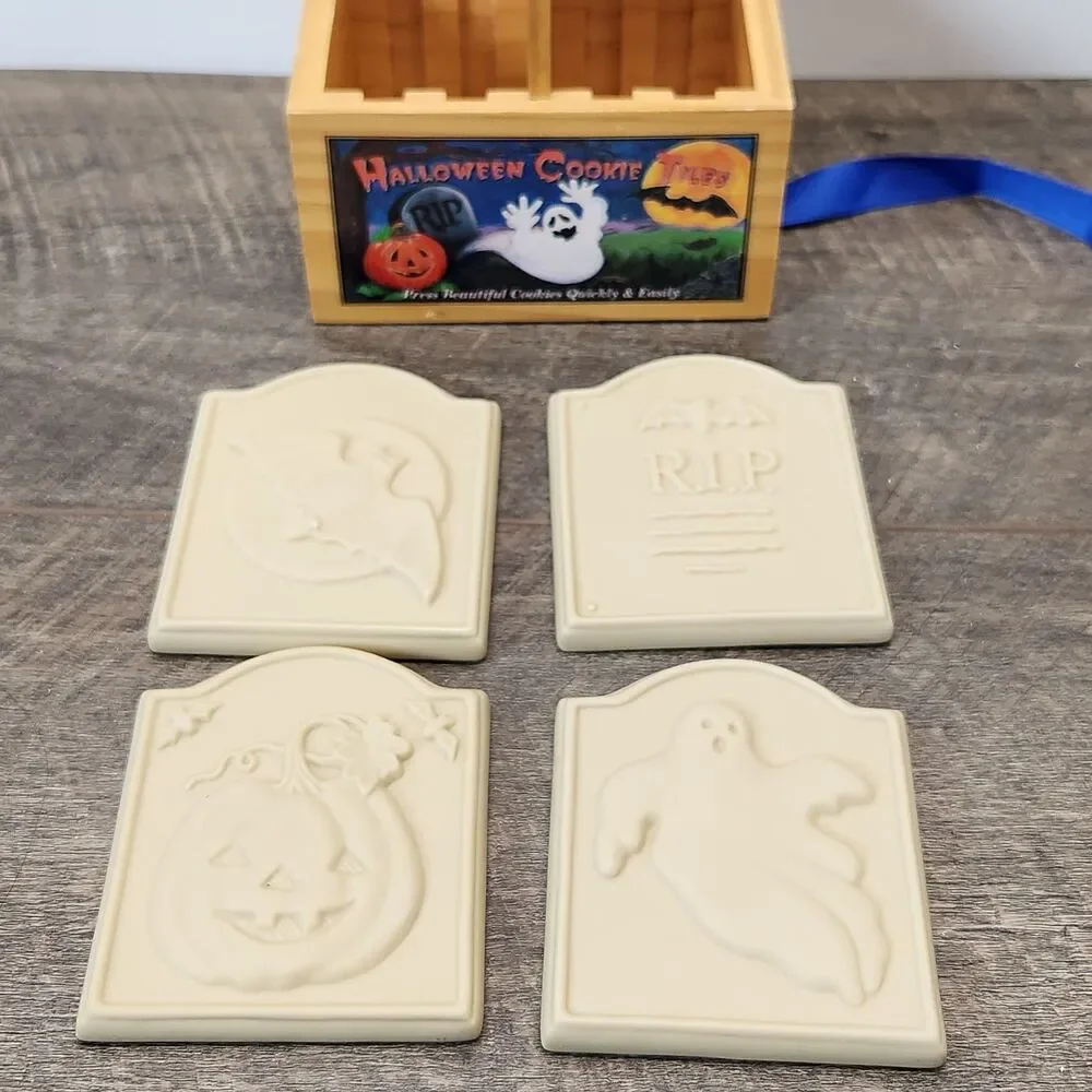 Vintage 2000 Brown Bag Set of Halloween Cookie Tiles Stamps Ghost Bat Tombstone